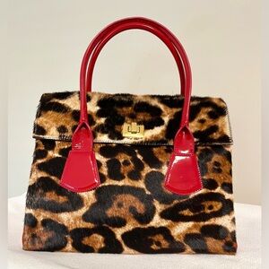 Leopard print calf hair & patent hand bag